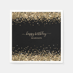 Gold Glitter Name Black Happy Birthday Napkin