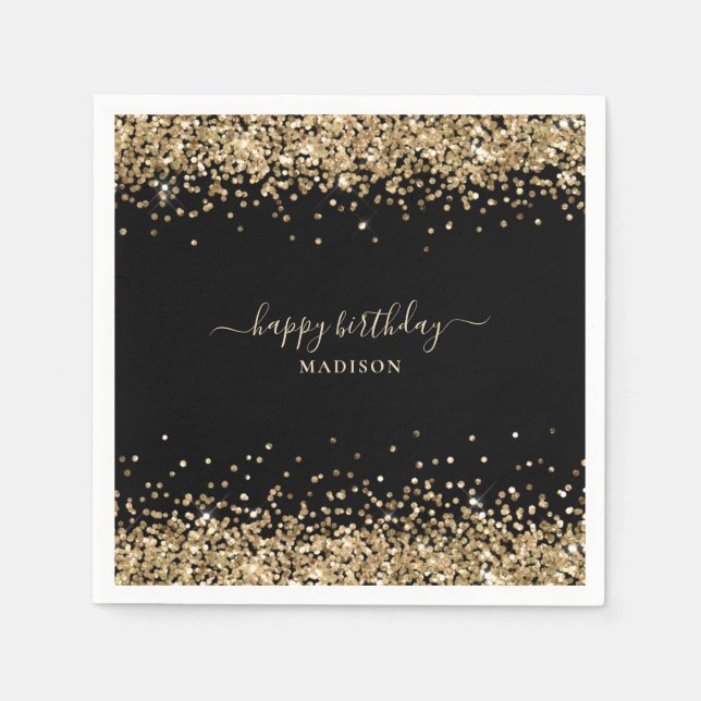 Gold Glitter Name Black Happy Birthday Napkin (Front)