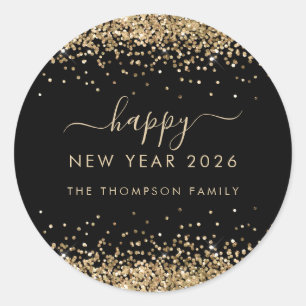 Gold Glitter Name Black Happy New Year 2025 Classic Round Sticker
