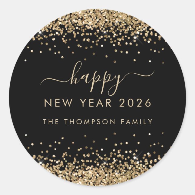 Gold Glitter Name Black Happy New Year 2025 Classic Round Sticker (Front)