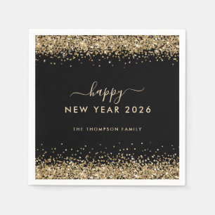 Gold Glitter Name Black Happy New Year 2025 Napkin