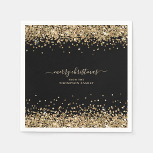 Gold Glitter Name Black Merry Christmas Napkin