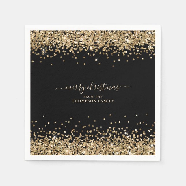 Gold Glitter Name Black Merry Christmas  Napkin (Front)