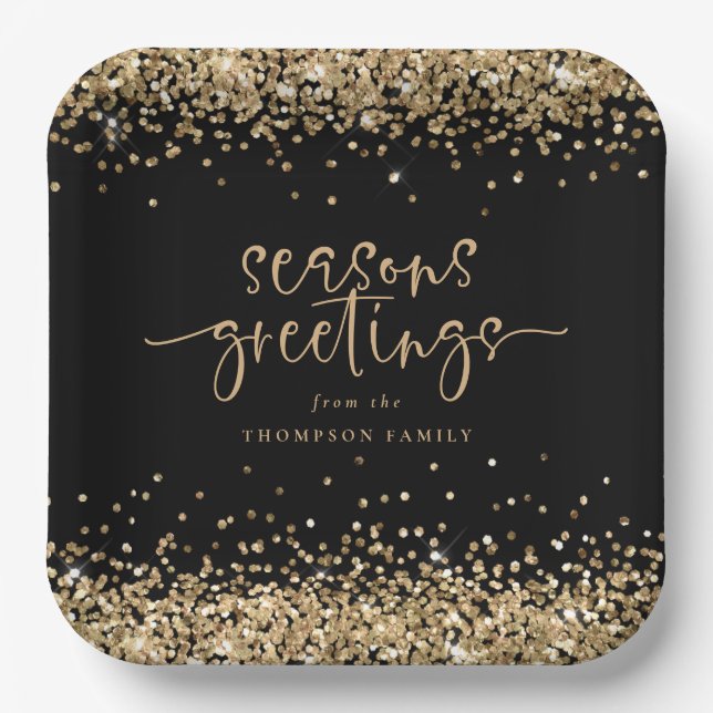 Gold Glitter Name Christmas Seasons Greetings Paper Plate (Front)