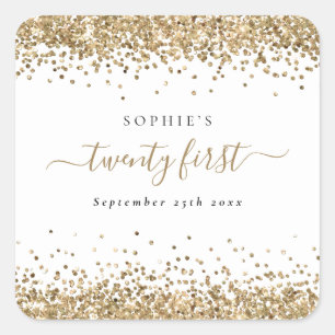 Gold Glitter Name Date Twenty First Birthday Square Sticker