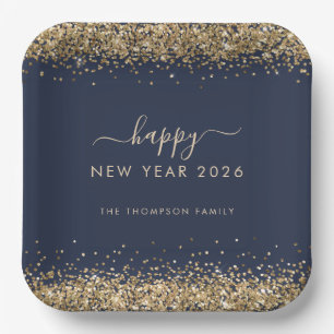 Gold Glitter Name Happy New Year 2025 Navy Blue Paper Plate