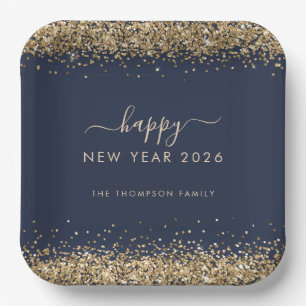 Gold Glitter Name Happy New Year 2026 Navy Blue Paper Plate