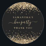 Gold Glitter Name Hen Party Black Thank You Classic Round Sticker<br><div class="desc">Gold Glitter Name Date Hen Party Black Thank You. Gold faux glitter border the top and bottom,  with your name and thank you on a classy black background. Hen Party is in a handwriting style script. Easily personalise the text to your own details.</div>
