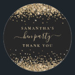 Gold Glitter Name Hen Party Black Thank You Classic Round Sticker<br><div class="desc">Gold Glitter Name Date Hen Party Black Thank You. Gold faux glitter border the top and bottom,  with your name and thank you on a classy black background. Hen Party is in a handwriting style script. Easily personalise the text to your own details.</div>
