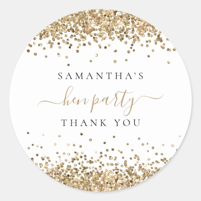 Gold Glitter Name Hen Party Thank You Classic Round Sticker (Front)