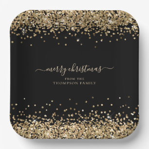 Gold Glitter Name Merry Christmas Black Paper Plate