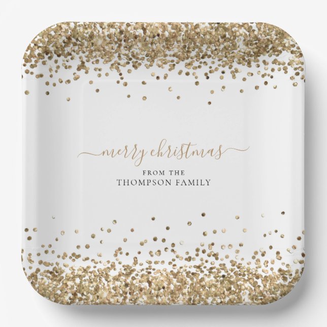Gold Glitter Name Merry Christmas White  Paper Plate (Front)