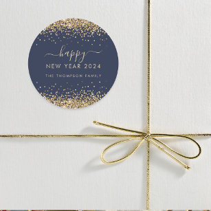 Gold Glitter Name Navy Blue Happy New Year 2024 Classic Round Sticker