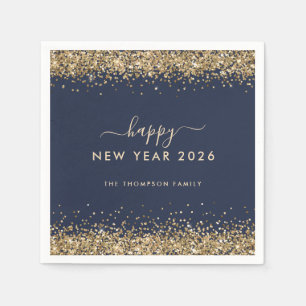 Gold Glitter Name Navy Blue Happy New Year 2026 Napkin