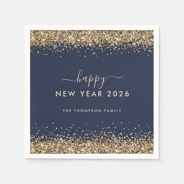 Gold Glitter Name Navy Blue Happy New Year 2026 Napkin (Front)