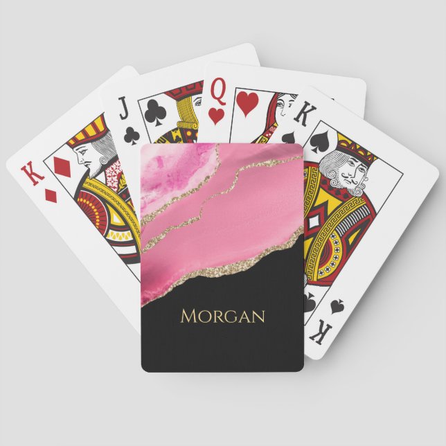 Gold Glitter & Name, Pink Agate on Black Playing Cards (Back)