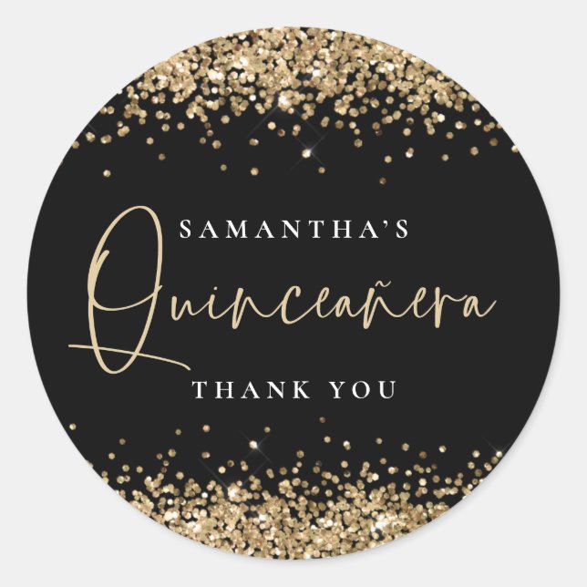 Gold Glitter Name Quinceañera Thank You Black Classic Round Sticker (Front)