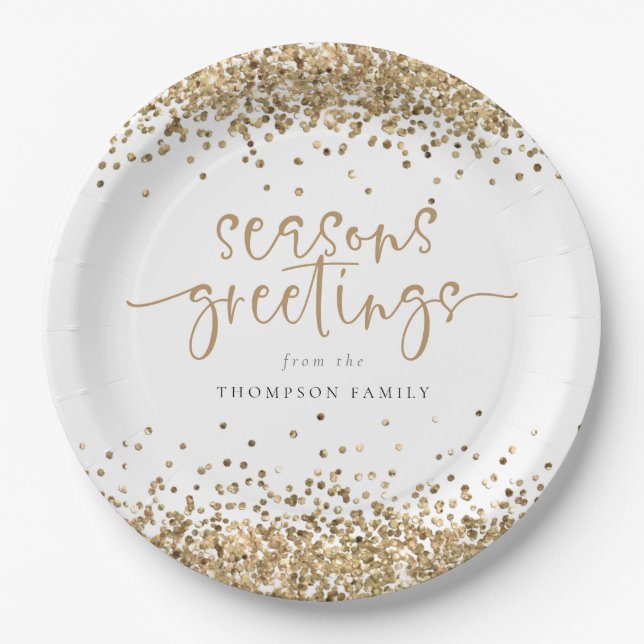 Gold Glitter Name Seasons Greetings Christmas  Paper Plate (Front)