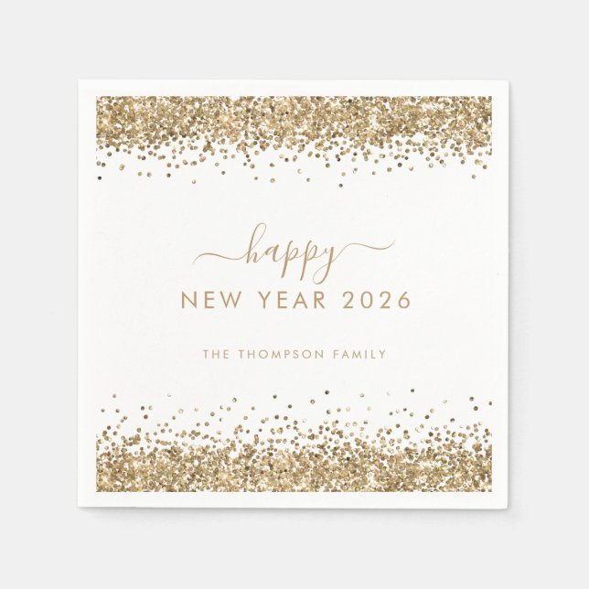 Gold Glitter Name White Happy New Year 2026 Napkin (Front)