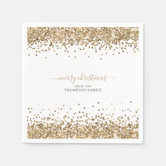 Gold Glitter Name White Merry Christmas Napkin (Front)