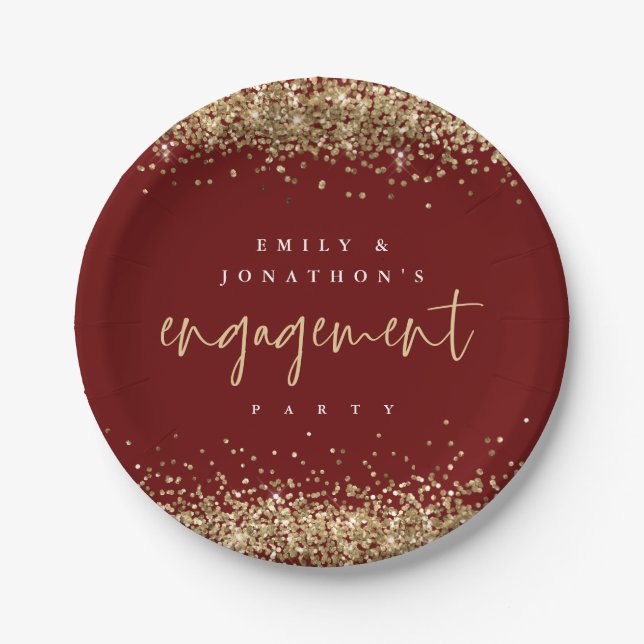 Gold Glitter Names Burgundy Engagement Party Paper Plate (Front)