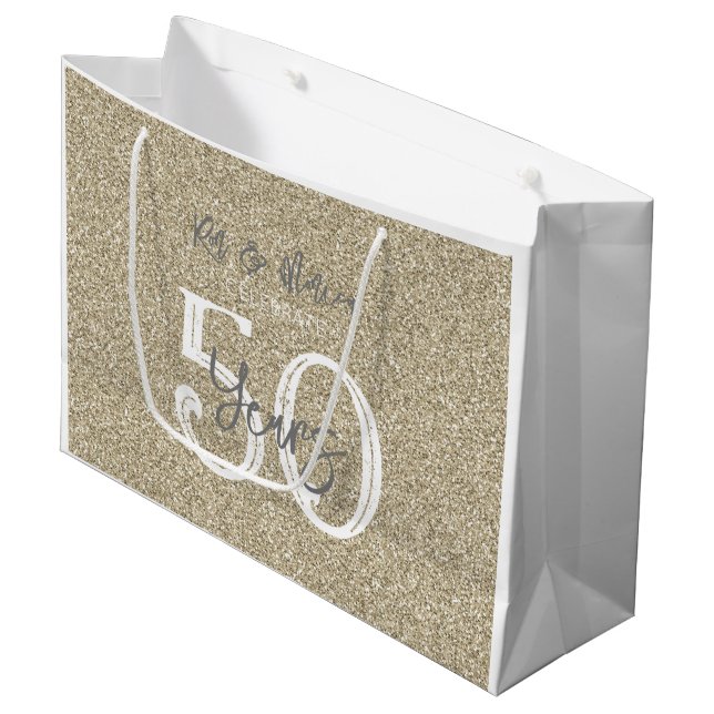 Gold Glitter Names Celebrate 50 Years Anniversary Large Gift Bag (Front Angled)