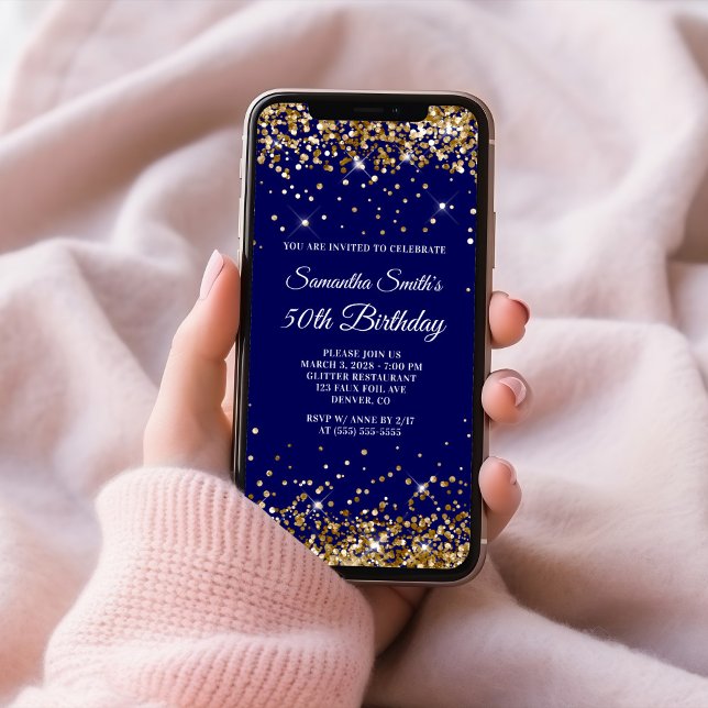Gold Glitter Navy 50th Birthday Invitation (Gold Glitter Navy 50th Birthday Invitation)