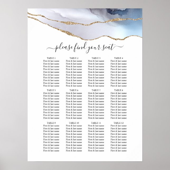 Gold Glitter & Navy Agate Wedding Seating Chart (Front)
