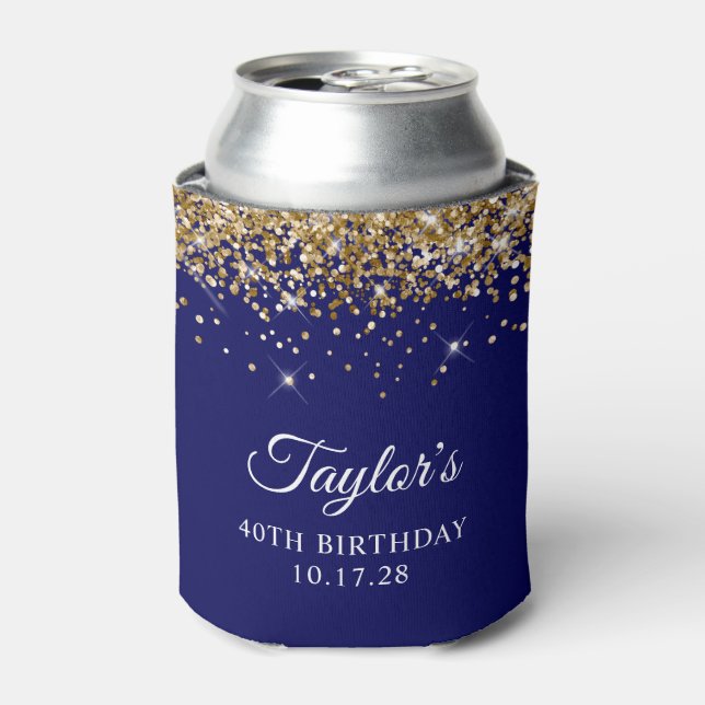 Gold Glitter Navy Blue 40th Birthday Can Cooler (Can Front)