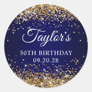 Gold Glitter Navy Blue 50th Birthday Classic Round Sticker