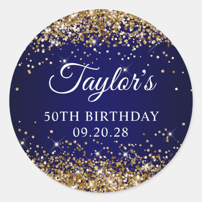 Gold Glitter Navy Blue 50th Birthday Classic Round Sticker (Front)
