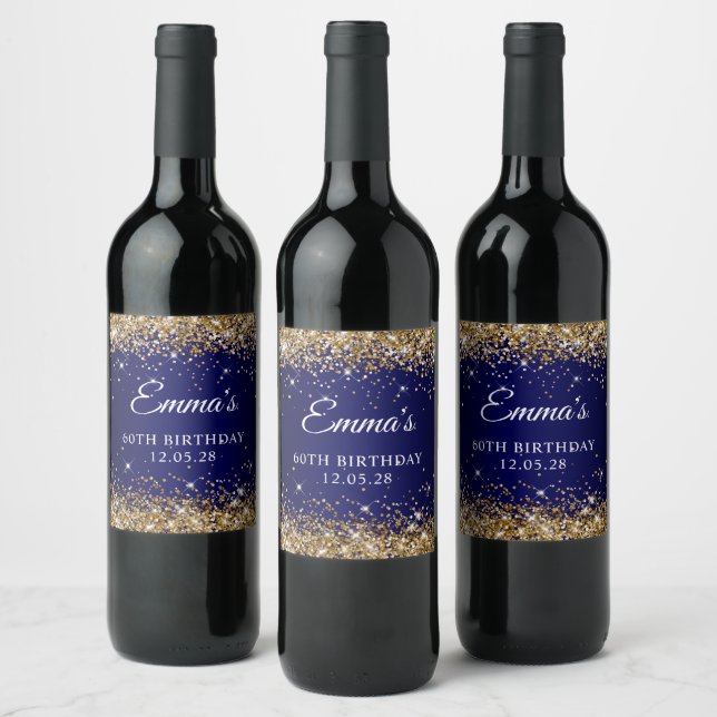 Gold Glitter Navy Blue 60th Birthday Wine Label (Bottles)