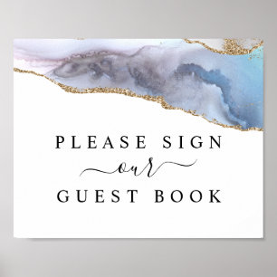 Gold Glitter & Navy Blue Agate Guest Book Sign