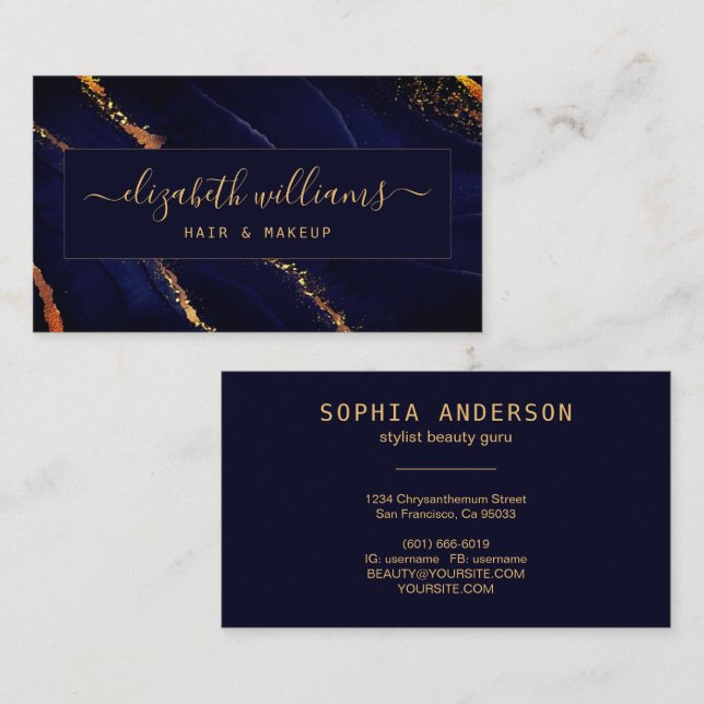 Gold Glitter Navy Blue Agate & Signature Script Business Card (Front/Back)