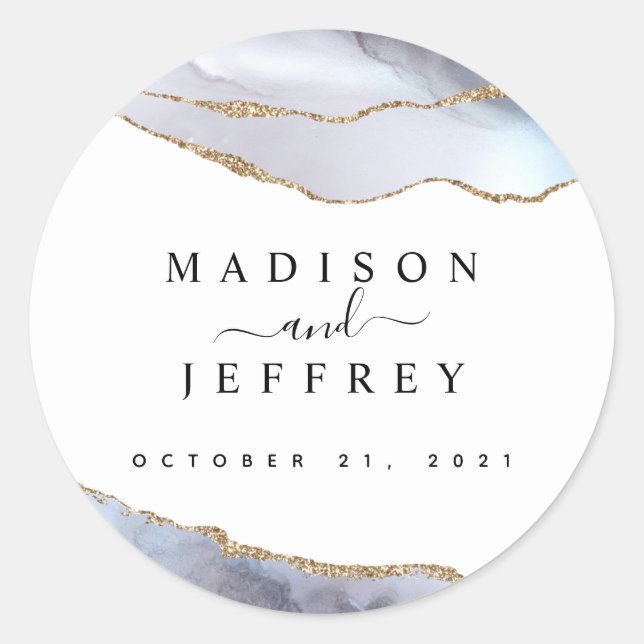 Gold Glitter & Navy Blue Agate Wedding Classic Round Sticker (Front)
