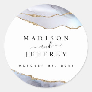 Gold Glitter & Navy Blue Agate Wedding Classic Round Sticker