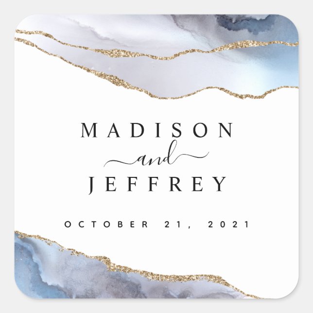 Gold Glitter & Navy Blue Agate Wedding Square Sticker (Front)
