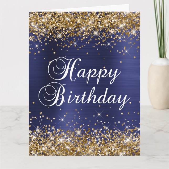 Gold Glitter Navy Blue Big Happy Birthday Card (Front)