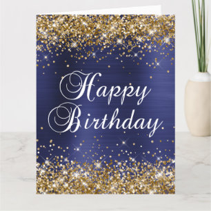 Gold Glitter Navy Blue Big Happy Birthday Card
