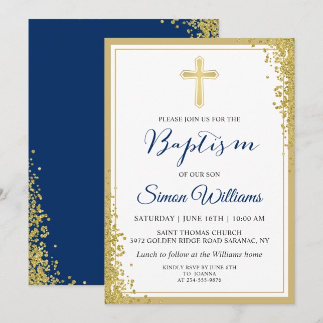 Gold Glitter Navy Blue Boy Baptism Invitation (Front/Back)