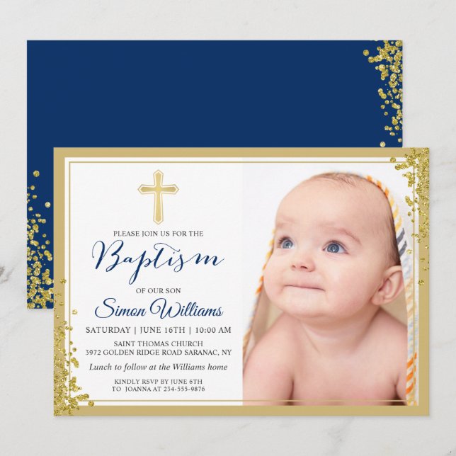 Gold Glitter Navy Blue Boy Baptism Photo Invitation (Front/Back)