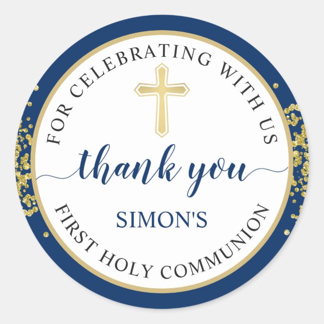 Gold Glitter Navy Blue First Communion Thank You Classic Round Sticker (Front)