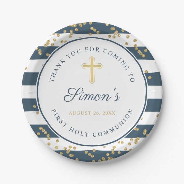 Gold Glitter Navy Blue First Holy Communion Paper Plate (Front)