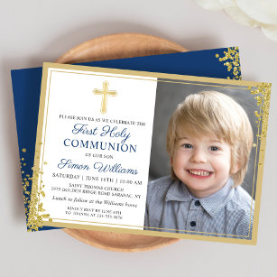 Gold Glitter Navy Blue First Holy Communion Photo Invitation