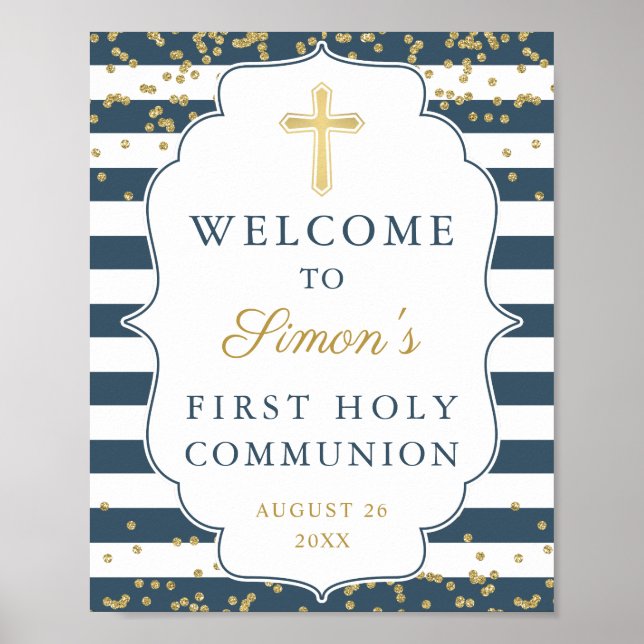 Gold Glitter Navy Blue First Holy Communion Poster (Front)
