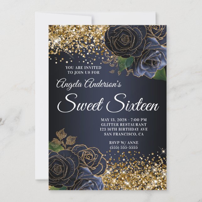 Gold Glitter Navy Blue Floral Glam Sweet Sixteen Invitation (Front)
