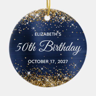 Gold Glitter Navy Blue Foil 50th Birthday Ceramic Tree Decoration