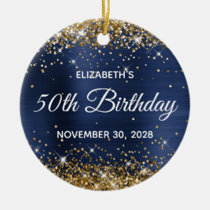 Gold Glitter Navy Blue Foil 50th Birthday Photo Ceramic Tree Decoration