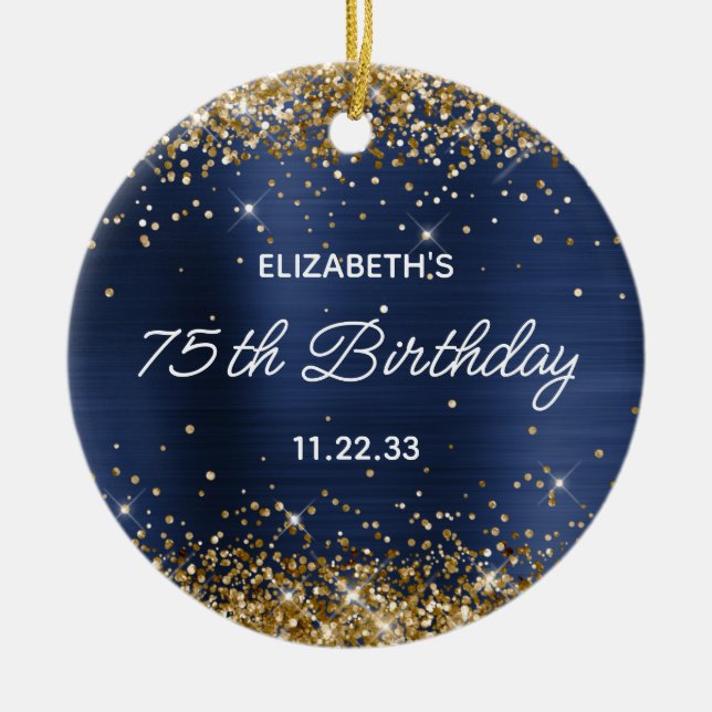 Gold Glitter Navy Blue Foil 75th Birthday Photo Ceramic Tree Decoration (Front)