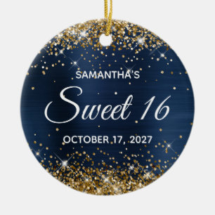 Gold Glitter Navy Blue Foil Sweet 16 Birthday Ceramic Tree Decoration
